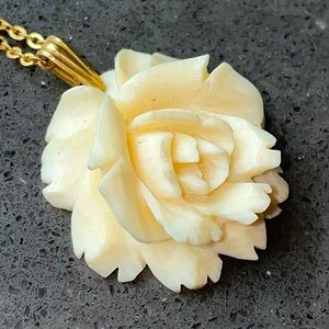 Carved Coral ROSE Pendant Necklace• Faux Coral Lucite Flower